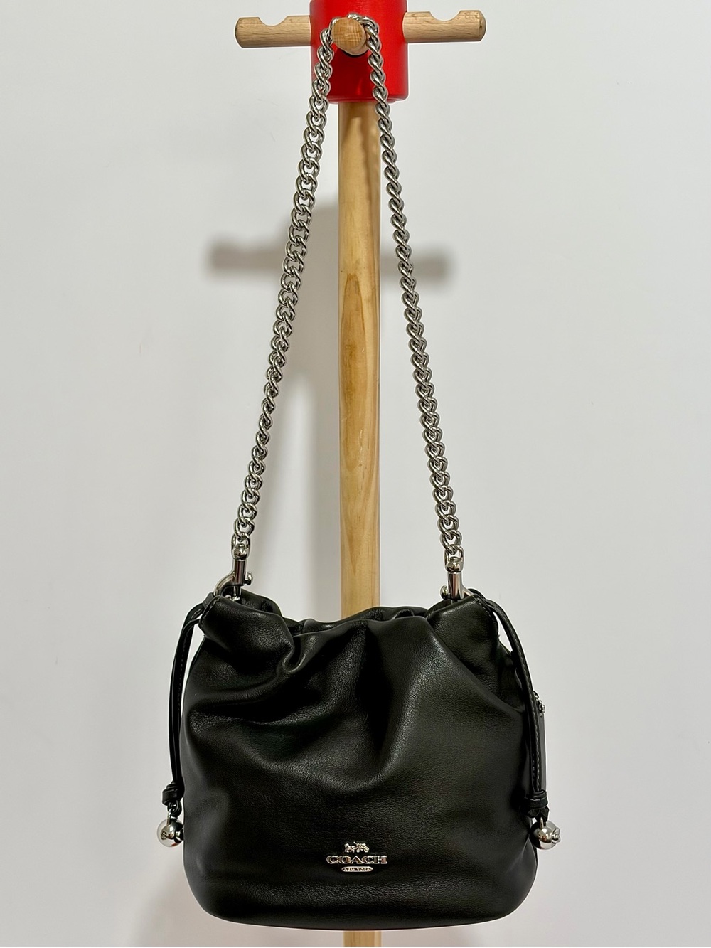 Coach Faye Mini Drawstring Bag In Black Leather/Silver/Crossbody&Chain Straps